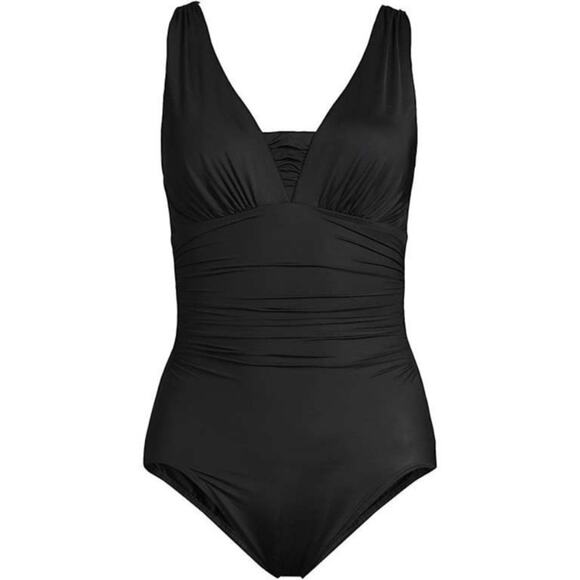 Lands End Blue Floral Slendersuit Grecian Tummy Control One Piece Swimsuit Sz.10 - Picture 4 of 16